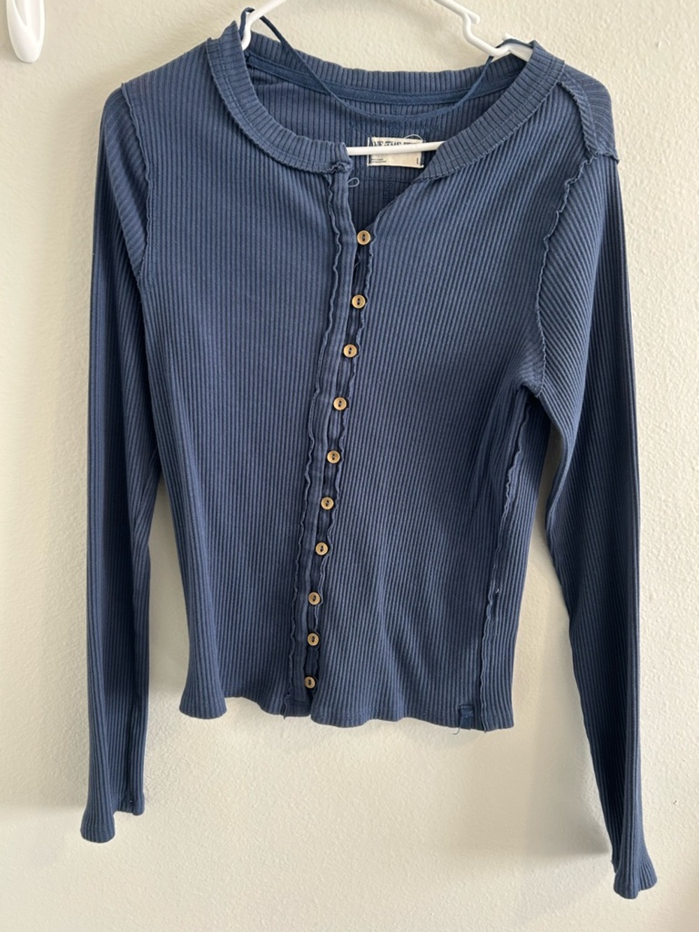 We The Free Navy Ribbed Button-Front Long Sleeve Top